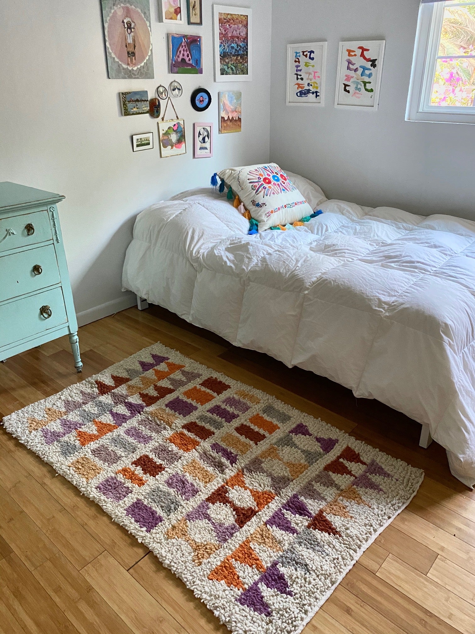 Small Wool shag rug geometric mauve / mustard / orange
